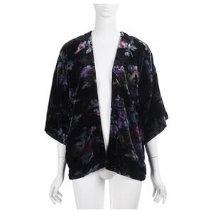 LOFT Women Kimono Top XS/S Black Floral Print Velvet Open Front Drape 3/4 Sleeve